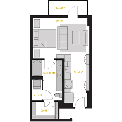 Floor plan for studio, 1 bath, 640 sqft